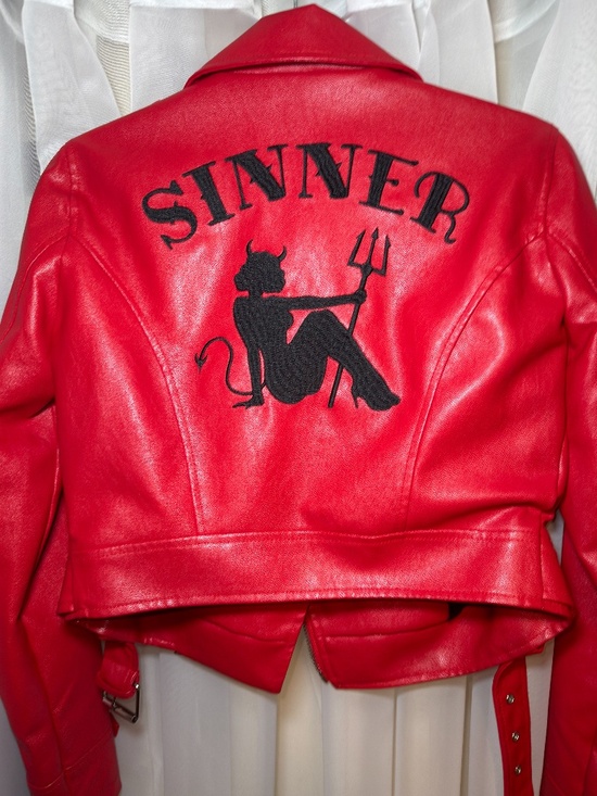 Current Mood Jackets & Blazers - Current Mood Red Faux Leather Biker Moto Jacket Sinner Graphic Back M Alt